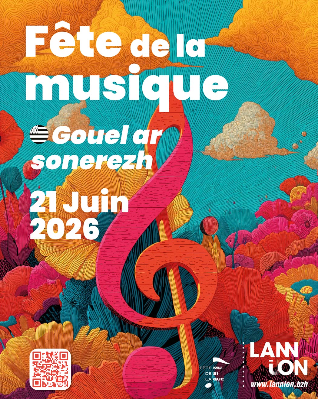Affiche de la fête de la musique, colorés, représentant une clé de sol dans un univers onirique et joyeux
