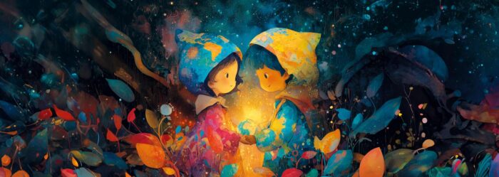 Visuel de deux enfants illustrés, colorés tenant une terre miniature entre leurs mains.