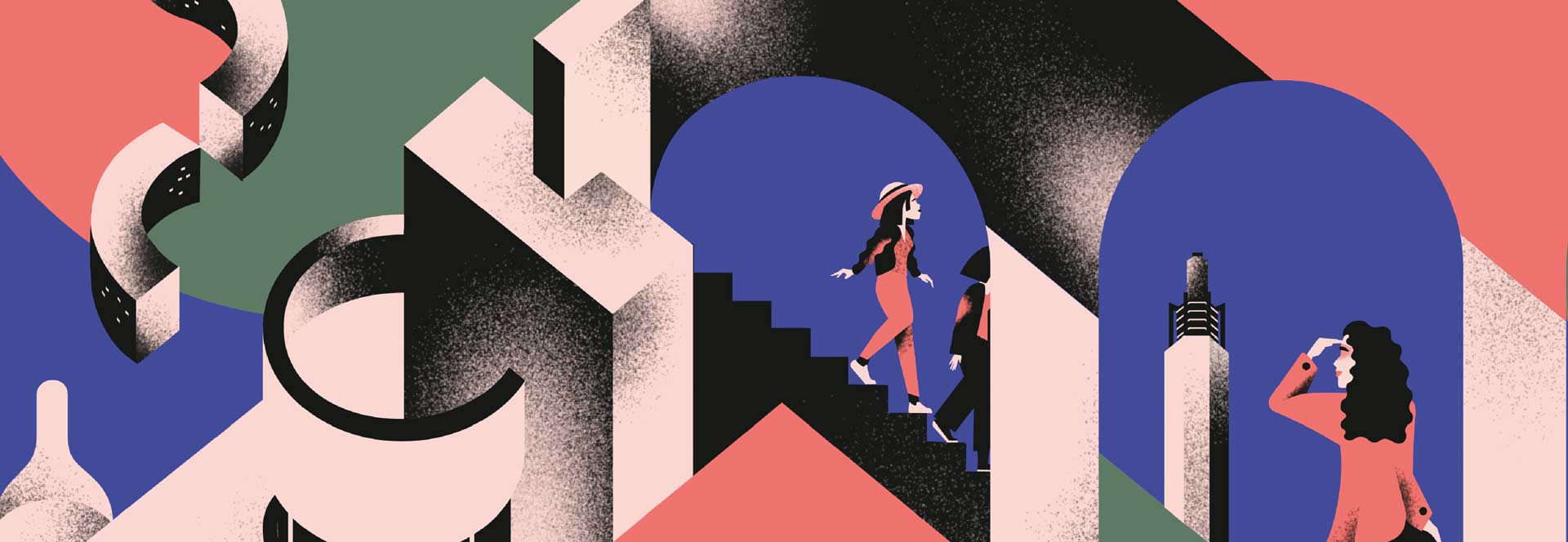 Illustration colorée de personnages qui déambule dans un décor imaginaire.