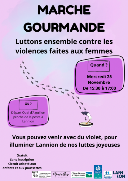 Affiche de la marche gourmande, representant un fond violet et du texte
